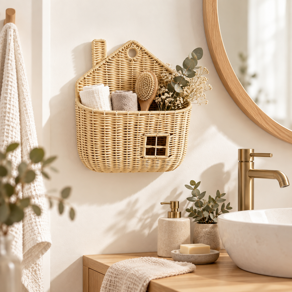 House Shaped Wicker Wall Hanging Basket with Chimney & Window, Handwoven Rattan Fall Decor Basket for Pumpkins, Dried Flowers & Harvest Display -ZENG-092002