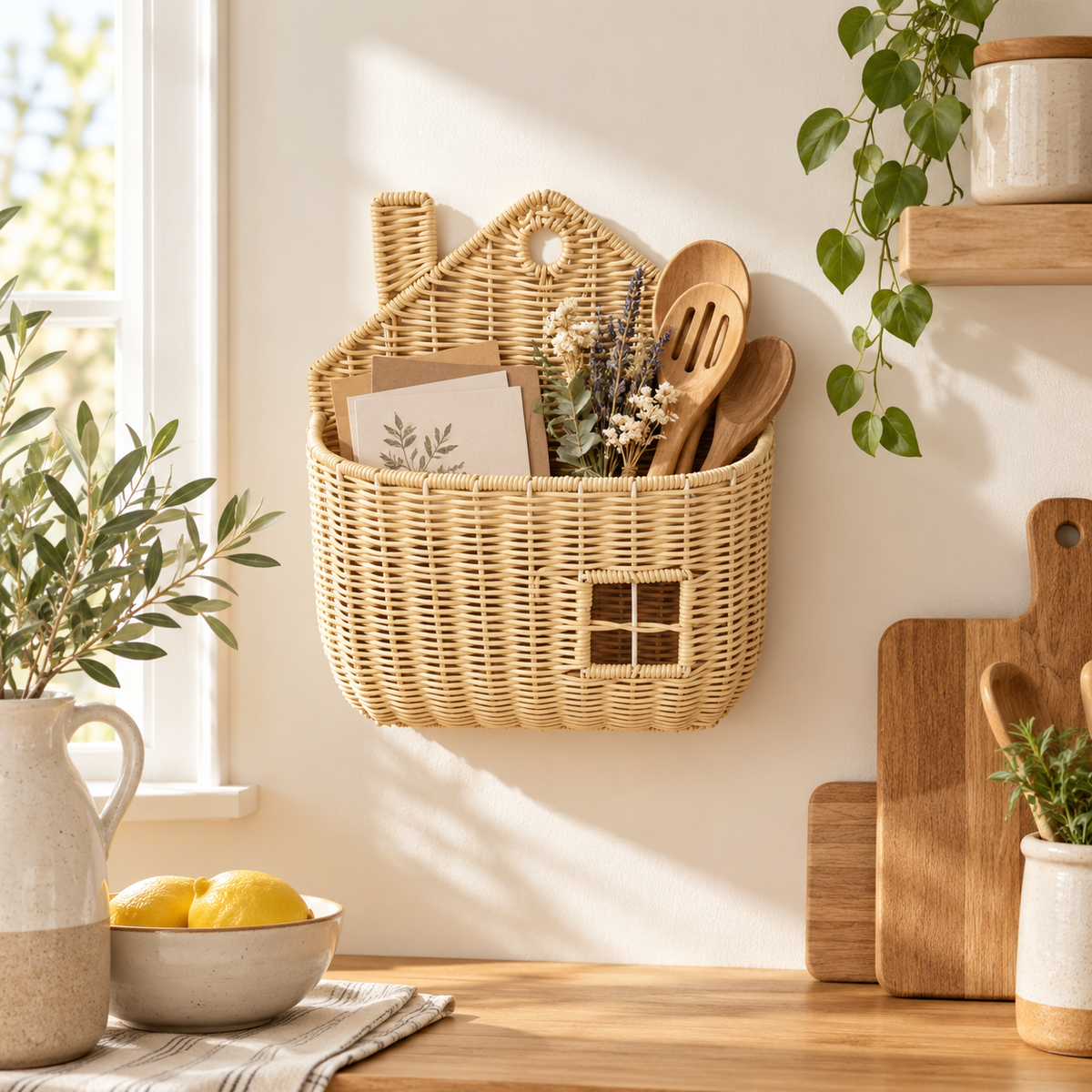 House Shaped Wicker Wall Hanging Basket with Chimney & Window, Handwoven Rattan Fall Decor Basket for Pumpkins, Dried Flowers & Harvest Display -ZENG-092002