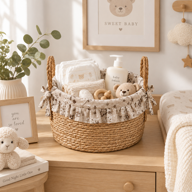 Handwoven Seagrass Storage Basket with Floral Ruffle Liner & Bow Handles, Round Woven Organizer Basket for Nursery, Bedroom & Home Decor -ZENG-091609 Hover Image