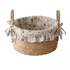 Handwoven Seagrass Storage Basket with Floral Ruffle Liner & Bow Handles, Round Woven Organizer Basket for Nursery, Bedroom & Home Decor -ZENG-091609
