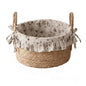 Handwoven Seagrass Storage Basket with Floral Ruffle Liner & Bow Handles, Round Woven Organizer Basket for Nursery, Bedroom & Home Decor -ZENG-091609