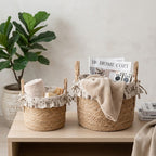 Handwoven Seagrass Storage Basket with Floral Ruffle Liner & Bow Handles, Round Woven Organizer Basket for Nursery, Bedroom & Home Decor -ZENG-091609