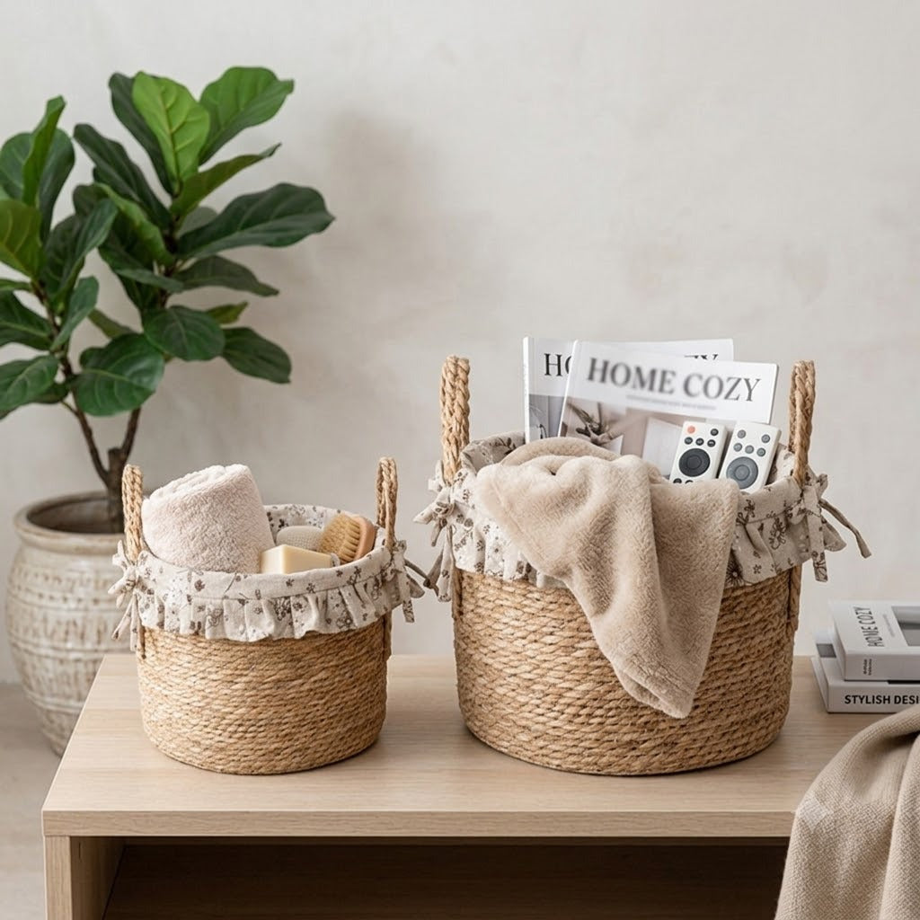 Handwoven Seagrass Storage Basket with Floral Ruffle Liner & Bow Handles, Round Woven Organizer Basket for Nursery, Bedroom & Home Decor -ZENG-091609