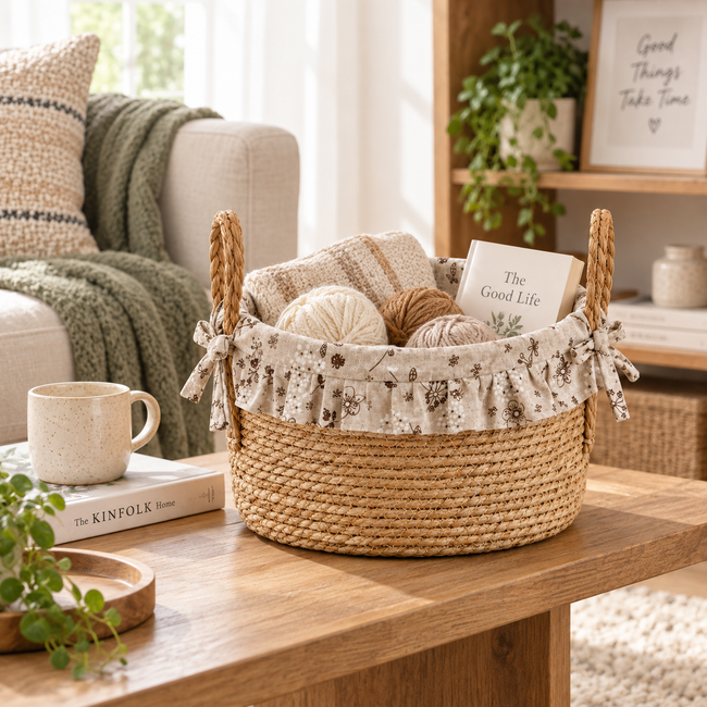Handwoven Seagrass Storage Basket with Floral Ruffle Liner & Bow Handles, Round Woven Organizer Basket for Nursery, Bedroom & Home Decor -ZENG-091609 Main Image