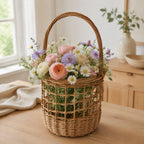 Handwoven Open Weave Wicker Flower Basket with Tall Curved Handle, Cylindrical Woven Floral Container for Wedding Arrangement, Home Table Decor & Gift Basket -ZENG-091610