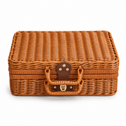 Brown Wicker Storage Trunk with Metal Clasp & Handle, Handwoven Rattan Lidded Box for Skincare, Toiletries & Bedroom Organizing -ZENG-092003