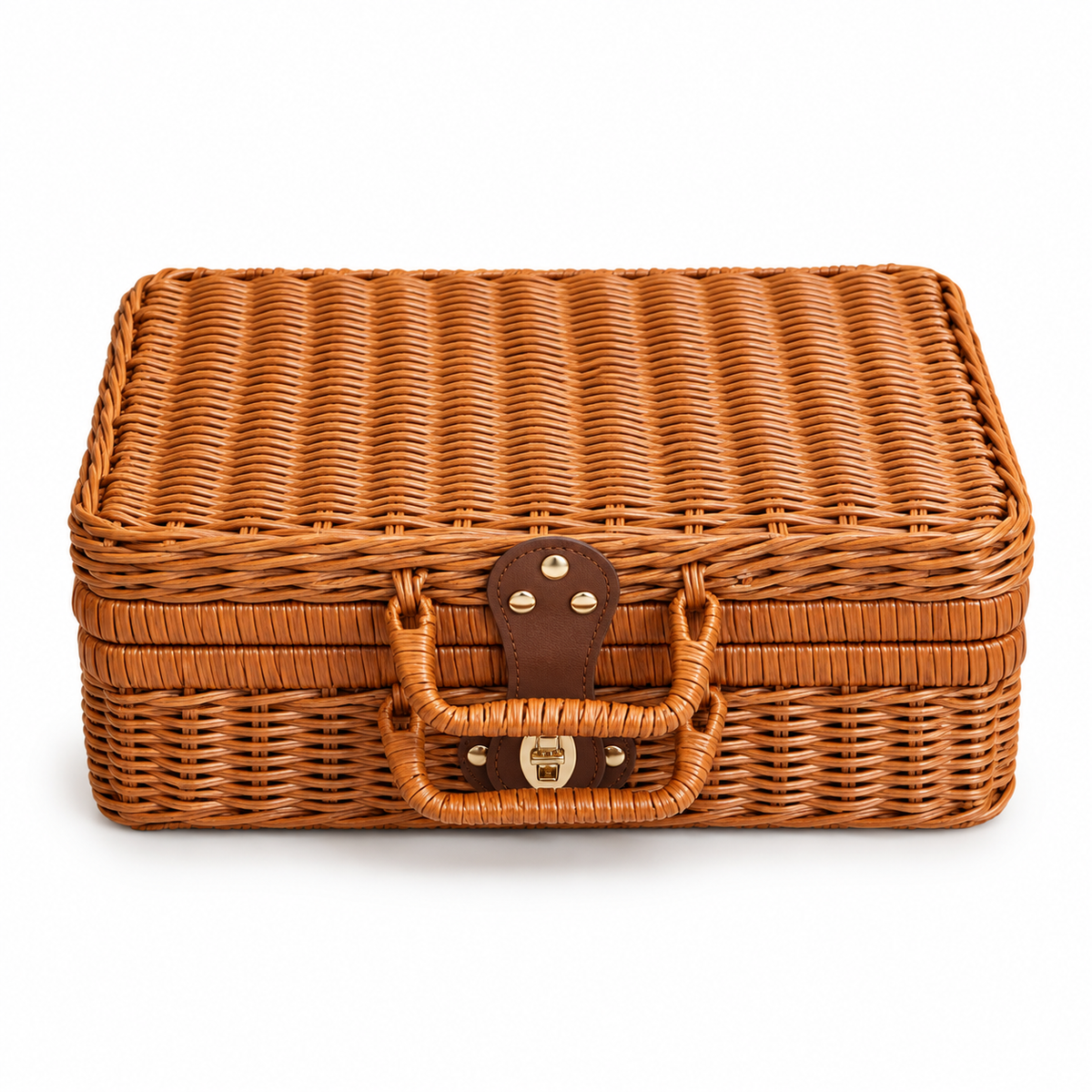 Brown Wicker Storage Trunk with Metal Clasp & Handle, Handwoven Rattan Lidded Box for Skincare, Toiletries & Bedroom Organizing -ZENG-092003