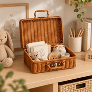 Brown Wicker Storage Trunk with Metal Clasp & Handle, Handwoven Rattan Lidded Box for Skincare, Toiletries & Bedroom Organizing -ZENG-092003