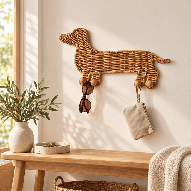 Dachshund Shaped Wicker Wall Hook with Wooden Ball Feet, Handmade Rattan Coat Hat Hanger with Pegs, Cute Dog Decor for Entryway & Kids Room -ZENG-091712 Hover Image
