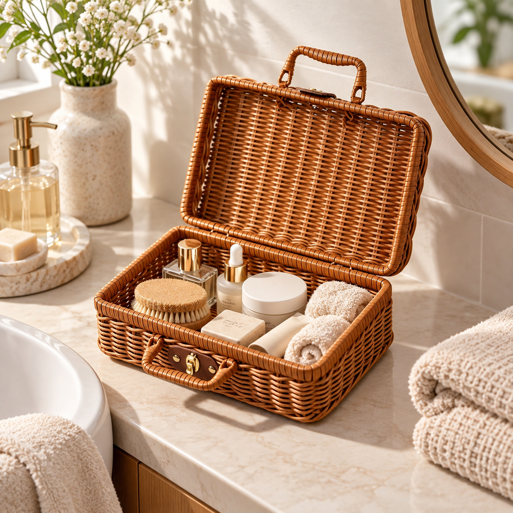 Brown Wicker Storage Trunk with Metal Clasp & Handle, Handwoven Rattan Lidded Box for Skincare, Toiletries & Bedroom Organizing -ZENG-092003
