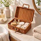 Brown Wicker Storage Trunk with Metal Clasp & Handle, Handwoven Rattan Lidded Box for Skincare, Toiletries & Bedroom Organizing -ZENG-092003