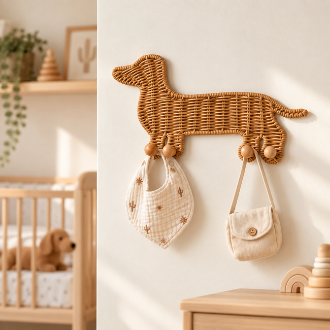 Dachshund Shaped Wicker Wall Hook with Wooden Ball Feet, Handmade Rattan Coat Hat Hanger with Pegs, Cute Dog Decor for Entryway & Kids Room -ZENG-091712 Main Image