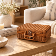 Brown Wicker Storage Trunk with Metal Clasp & Handle, Handwoven Rattan Lidded Box for Skincare, Toiletries & Bedroom Organizing -ZENG-092003