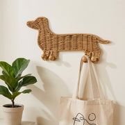 Dachshund Shaped Wicker Wall Hook with Wooden Ball Feet, Handmade Rattan Coat Hat Hanger with Pegs, Cute Dog Decor for Entryway & Kids Room -ZENG-091712