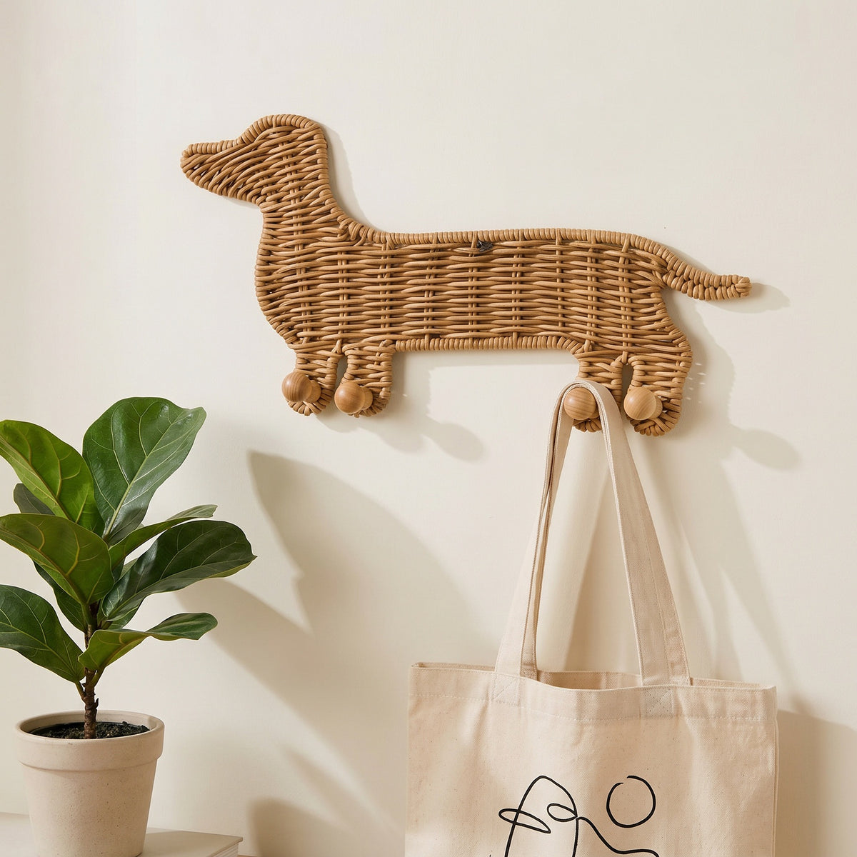 Dachshund Shaped Wicker Wall Hook with Wooden Ball Feet, Handmade Rattan Coat Hat Hanger with Pegs, Cute Dog Decor for Entryway & Kids Room -ZENG-091712