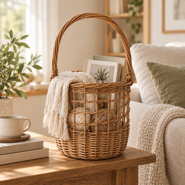Handwoven Open Weave Wicker Flower Basket with Tall Curved Handle, Cylindrical Woven Floral Container for Wedding Arrangement, Home Table Decor & Gift Basket -ZENG-091610 Main Image