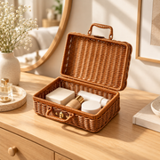 Brown Wicker Storage Trunk with Metal Clasp & Handle, Handwoven Rattan Lidded Box for Skincare, Toiletries & Bedroom Organizing -ZENG-092003