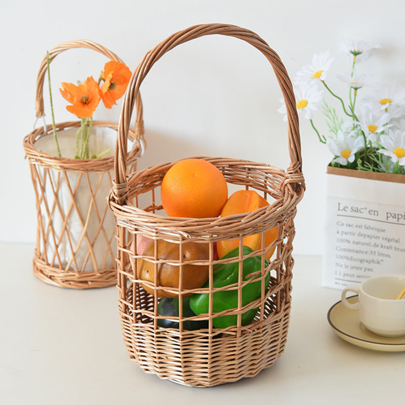 Handwoven Open Weave Wicker Flower Basket with Tall Curved Handle, Cylindrical Woven Floral Container for Wedding Arrangement, Home Table Decor & Gift Basket -ZENG-091610