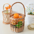 Handwoven Open Weave Wicker Flower Basket with Tall Curved Handle, Cylindrical Woven Floral Container for Wedding Arrangement, Home Table Decor & Gift Basket -ZENG-091610