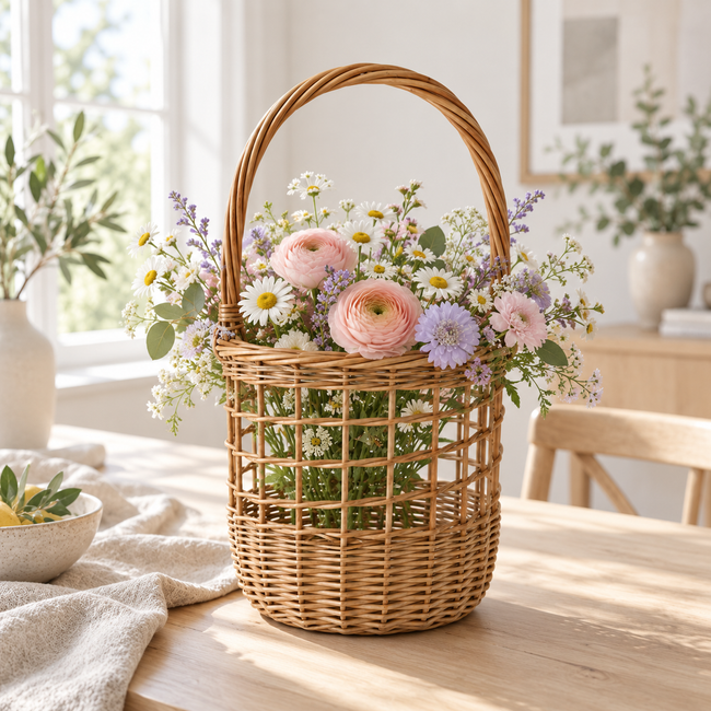 Handwoven Open Weave Wicker Flower Basket with Tall Curved Handle, Cylindrical Woven Floral Container for Wedding Arrangement, Home Table Decor & Gift Basket -ZENG-091610 Hover Image