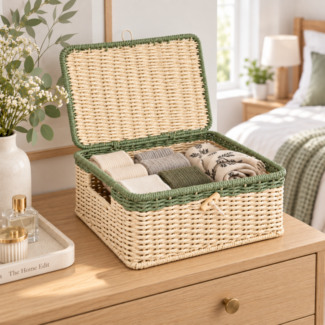 Woven Storage Basket with Lid & Wooden Button, Handmade Rattan Organizer Box with Green Trim and Cutout Handle for Desk, Shelf & Gift -ZENG-091809 Main Image