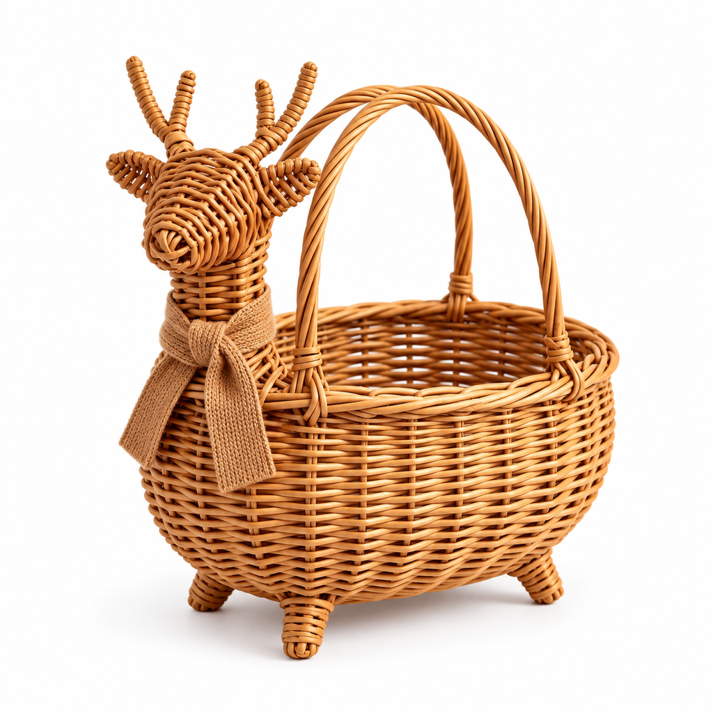 Deer Shaped Wicker Storage Basket with Knitted Scarf, Handwoven Rattan Fall Gift Basket for Presents, Decor & Cozy Autumn Home Style -ZENG-092004