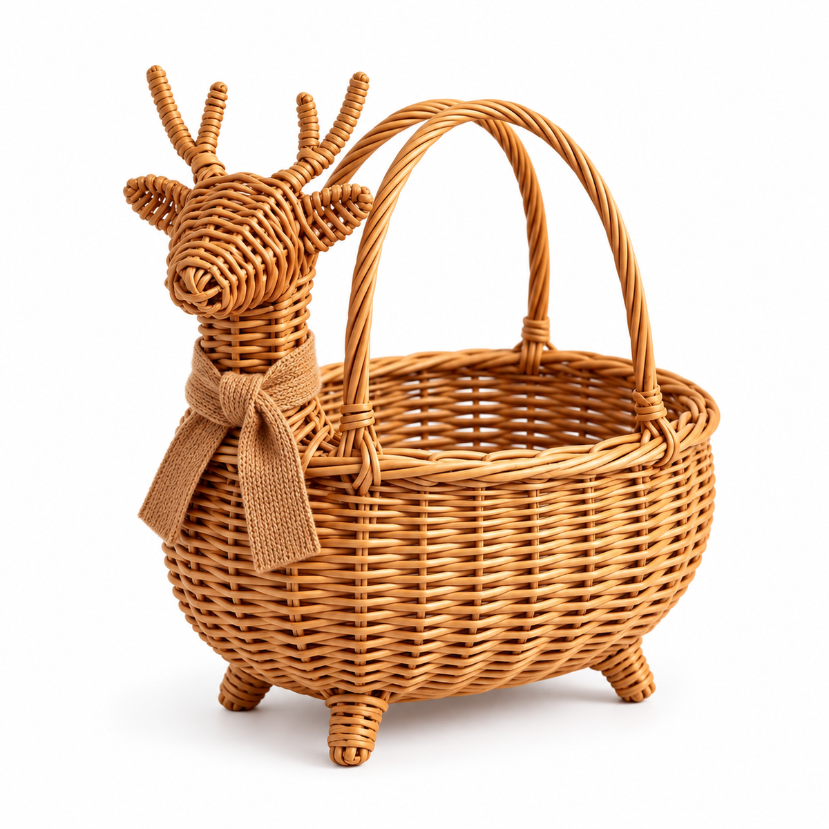 Deer Shaped Wicker Storage Basket with Knitted Scarf, Handwoven Rattan Fall Gift Basket for Presents, Decor & Cozy Autumn Home Style -ZENG-092004