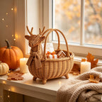 Deer Shaped Wicker Storage Basket with Knitted Scarf, Handwoven Rattan Fall Gift Basket for Presents, Decor & Cozy Autumn Home Style -ZENG-092004