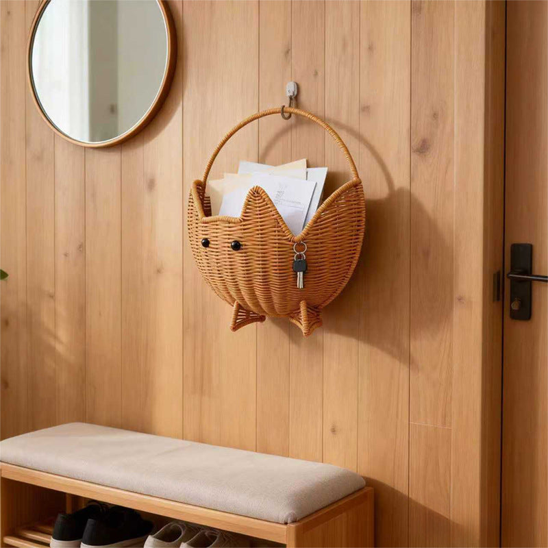 Cute Cat Shaped Woven Storage Basket with Handle & Tripod Base, Cartoon Handwoven Basket for Bread, Fruit, Snack & Tabletop Home Decor -ZENG-091611
