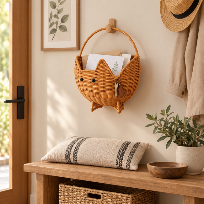 Cute Cat Shaped Woven Storage Basket with Handle & Tripod Base, Cartoon Handwoven Basket for Bread, Fruit, Snack & Tabletop Home Decor -ZENG-091611 Main Image