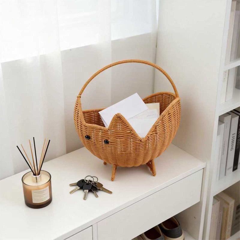 Cute Cat Shaped Woven Storage Basket with Handle & Tripod Base, Cartoon Handwoven Basket for Bread, Fruit, Snack & Tabletop Home Decor -ZENG-091611