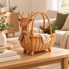 Deer Shaped Wicker Storage Basket with Knitted Scarf, Handwoven Rattan Fall Gift Basket for Presents, Decor & Cozy Autumn Home Style -ZENG-092004