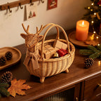 Deer Shaped Wicker Storage Basket with Knitted Scarf, Handwoven Rattan Fall Gift Basket for Presents, Decor & Cozy Autumn Home Style -ZENG-092004
