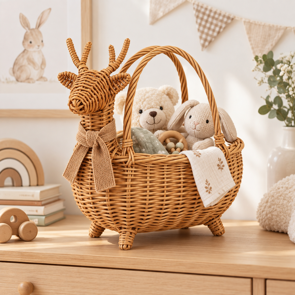 Deer Shaped Wicker Storage Basket with Knitted Scarf, Handwoven Rattan Fall Gift Basket for Presents, Decor & Cozy Autumn Home Style -ZENG-092004