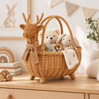 Deer Shaped Wicker Storage Basket with Knitted Scarf, Handwoven Rattan Fall Gift Basket for Presents, Decor & Cozy Autumn Home Style -ZENG-092004
