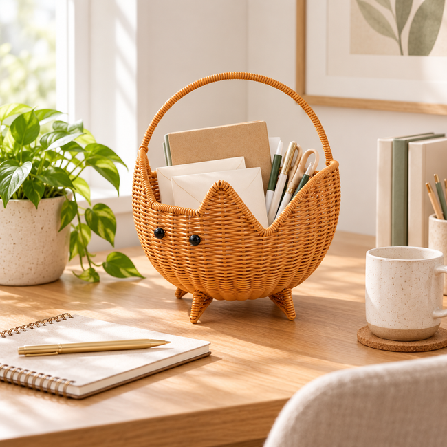 Cute Cat Shaped Woven Storage Basket with Handle & Tripod Base, Cartoon Handwoven Basket for Bread, Fruit, Snack & Tabletop Home Decor -ZENG-091611 Hover Image