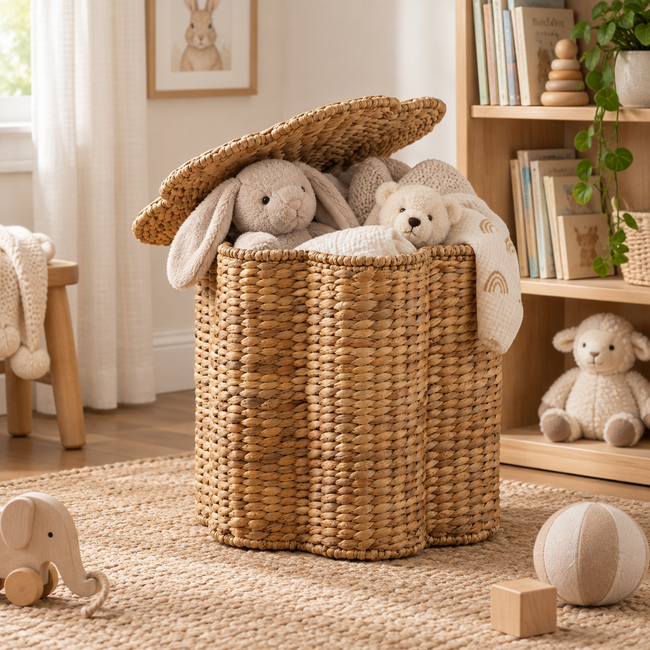 Twin Linked Woven Storage Basket with Lid, Handwoven Seagrass Blanket Organizer with Cover for Living Room, Bedroom & Nursery -ZENG-091713 Hover Image
