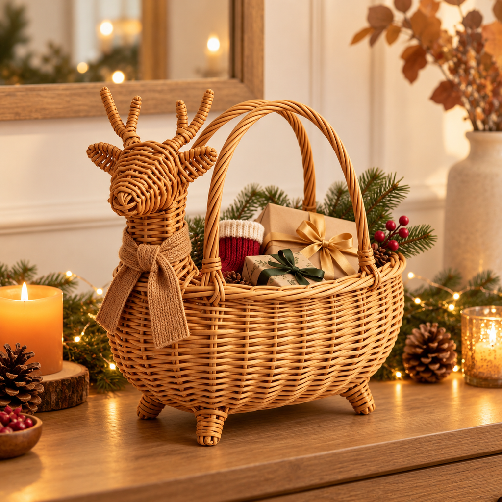 Deer Shaped Wicker Storage Basket with Knitted Scarf, Handwoven Rattan Fall Gift Basket for Presents, Decor & Cozy Autumn Home Style -ZENG-092004