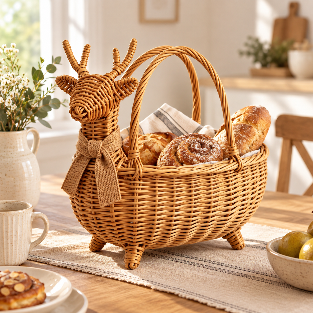 Deer Shaped Wicker Storage Basket with Knitted Scarf, Handwoven Rattan Fall Gift Basket for Presents, Decor & Cozy Autumn Home Style -ZENG-092004