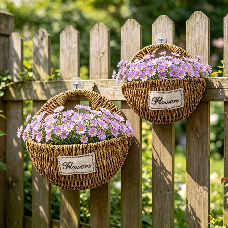 Woven Hanging Flower Basket – Decorative Wall Planter for Fence, Patio, Balcony & Home Decor-091623-cc
