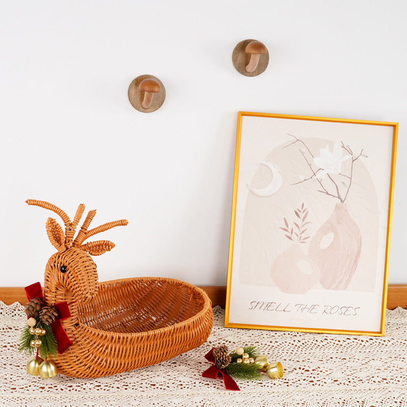 Christmas Reindeer Shaped Woven Basket with Red Bow, Pinecone & Bell Decor, Holiday Wicker Candy Snack Fruit Basket for Table Decor & Gift -ZENG-091612