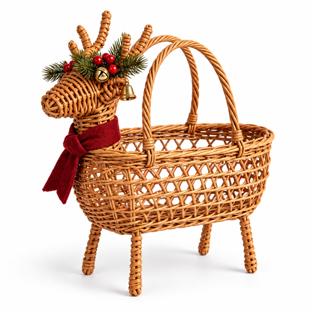 Christmas Deer Shaped Wicker Basket with Bells & Red Scarf, Handwoven Rattan Holiday Candy Basket with Four Legs & Handles for Xmas Party -ZENG-092005
