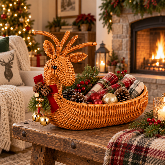 Christmas Reindeer Shaped Woven Basket with Red Bow, Pinecone & Bell Decor, Holiday Wicker Candy Snack Fruit Basket for Table Decor & Gift -ZENG-091612 Hover Image