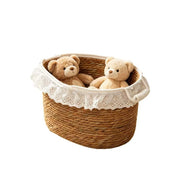 Wicker Storage Basket with White Lace Trim & Cotton Handles, Handwoven Rattan Towel Organizer for Bathroom, Bedroom & Nursery -ZENG-091714