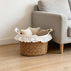 Wicker Storage Basket with White Lace Trim & Cotton Handles, Handwoven Rattan Towel Organizer for Bathroom, Bedroom & Nursery -ZENG-091714