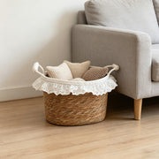Wicker Storage Basket with White Lace Trim & Cotton Handles, Handwoven Rattan Towel Organizer for Bathroom, Bedroom & Nursery -ZENG-091714