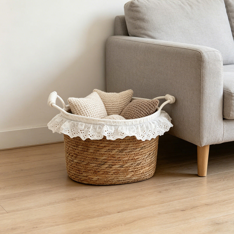 Wicker Storage Basket with White Lace Trim & Cotton Handles, Handwoven Rattan Towel Organizer for Bathroom, Bedroom & Nursery -ZENG-091714