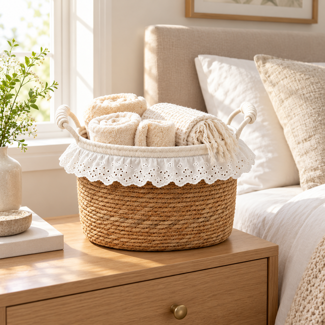 Wicker Storage Basket with White Lace Trim & Cotton Handles, Handwoven Rattan Towel Organizer for Bathroom, Bedroom & Nursery -ZENG-091714 Main Image