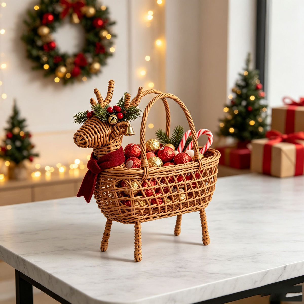 Christmas Deer Shaped Wicker Basket with Bells & Red Scarf, Handwoven Rattan Holiday Candy Basket with Four Legs & Handles for Xmas Party -ZENG-092005