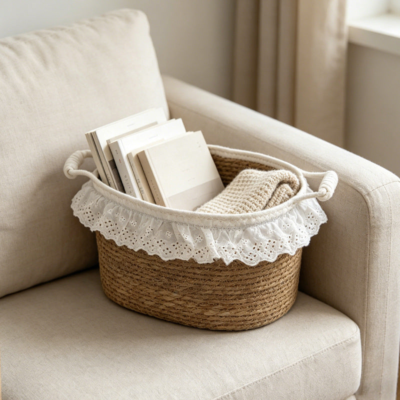 Wicker Storage Basket with White Lace Trim & Cotton Handles, Handwoven Rattan Towel Organizer for Bathroom, Bedroom & Nursery -ZENG-091714